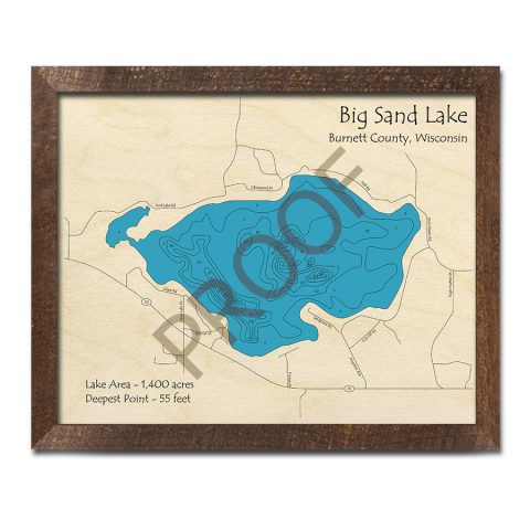 Big Sand Lake WI 3D Wood Map, (Burnett) Wisconsin, Custom Map Art