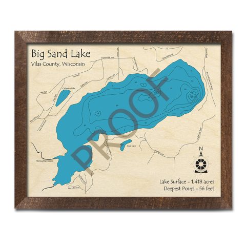 Big Sand Lake WI 3D Wood Map, (Vilas) Wisconsin, Custom Map Art