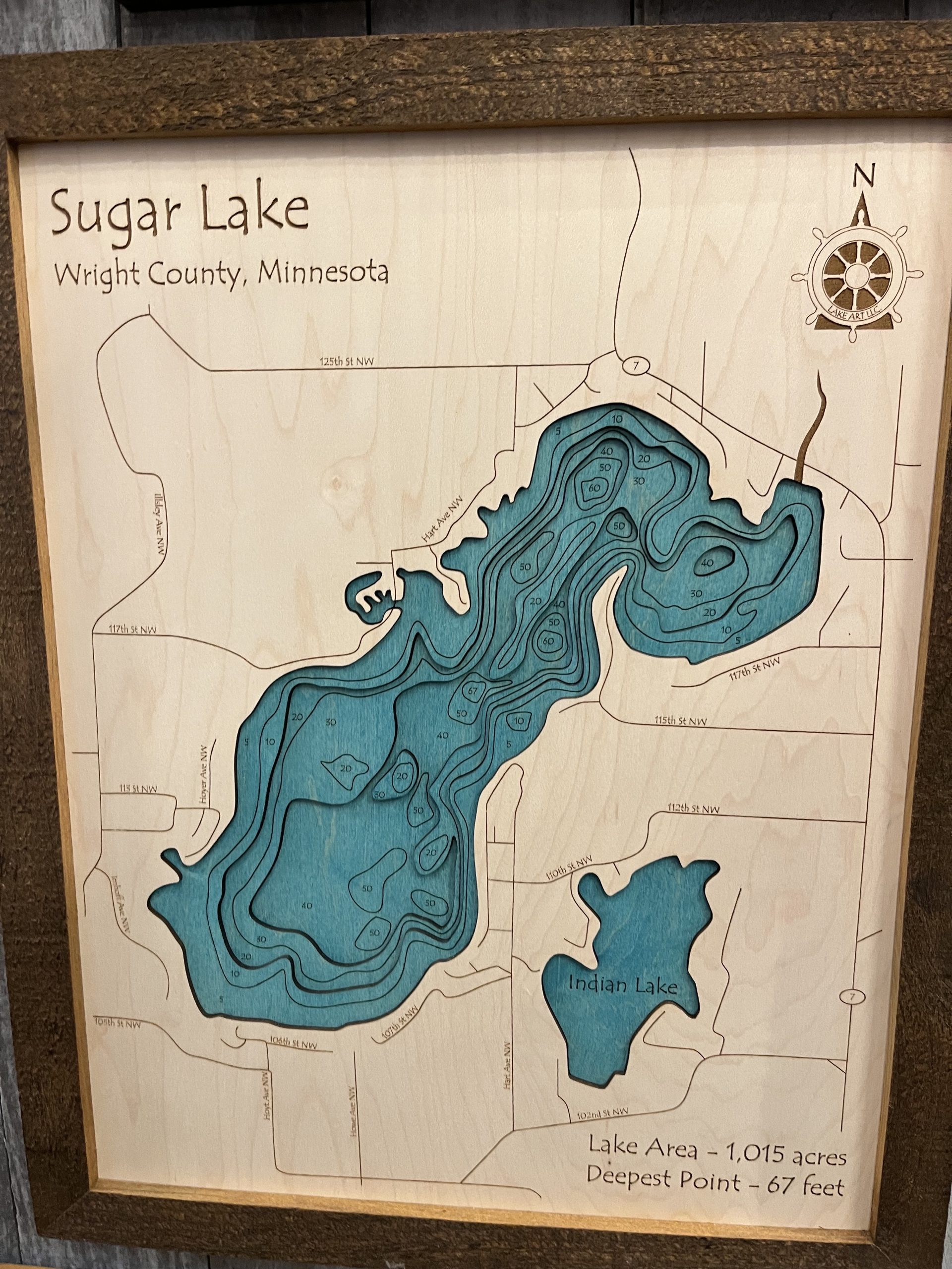 Sugar Lake, Minnesota 3D Nautical Chart, Barnwood Frame, 14" x 18"