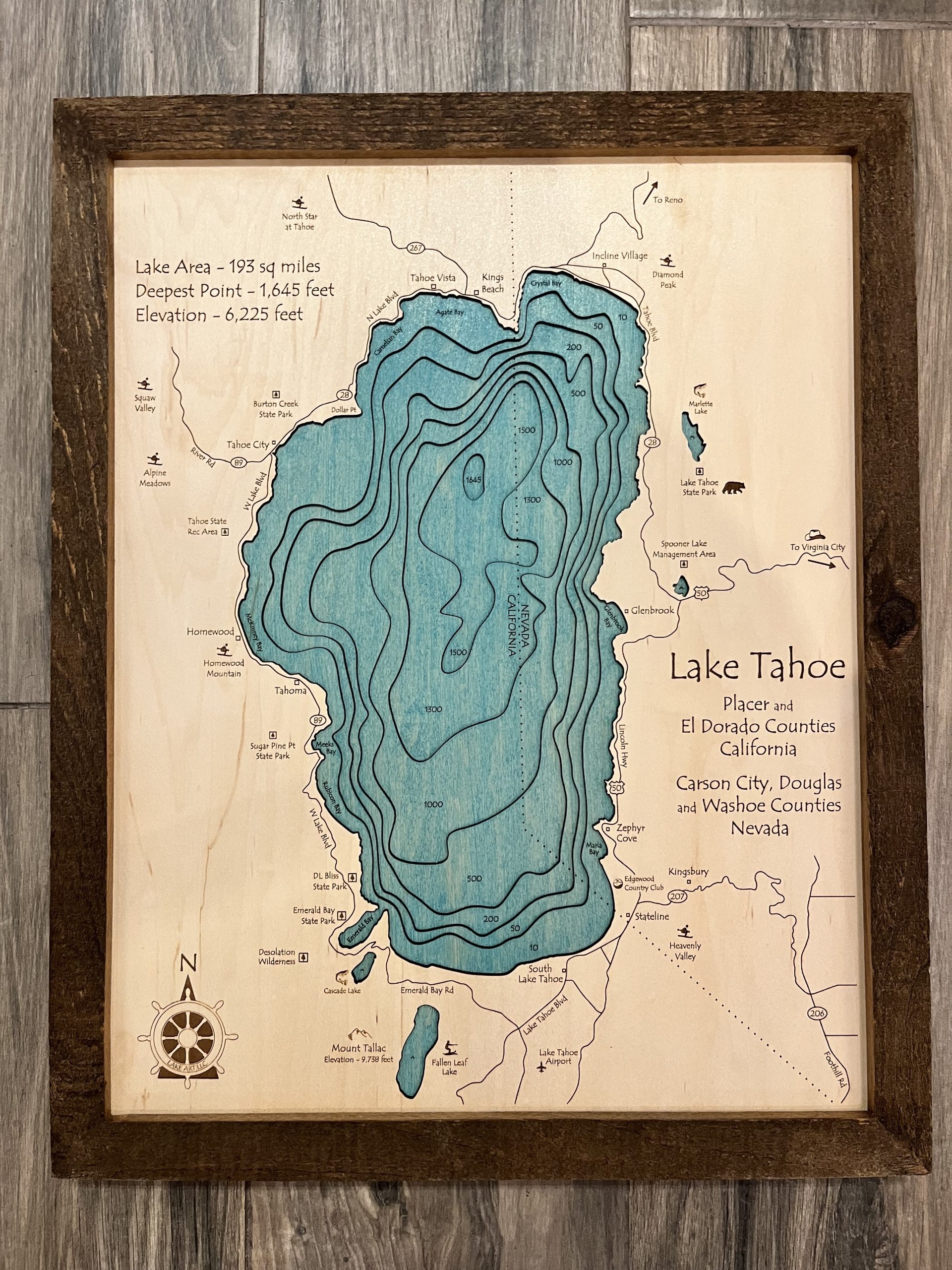 Lake Tahoe Wood Map, Lake Tahoe 3D Chart, Rustic Frame, 16" x 20"