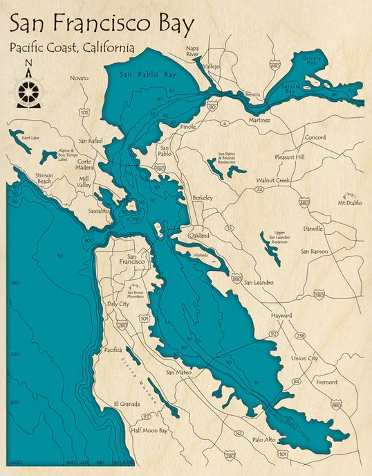 Bay Map San Francisco Bay Area, CA - 3D Wooden Map, Custom Nautical Map Art